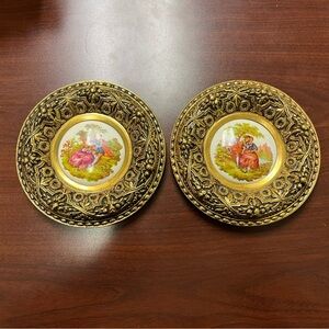Limoges Fragonard Courting Couple Porcelain Insert Ornate Brass Plaques Pair
